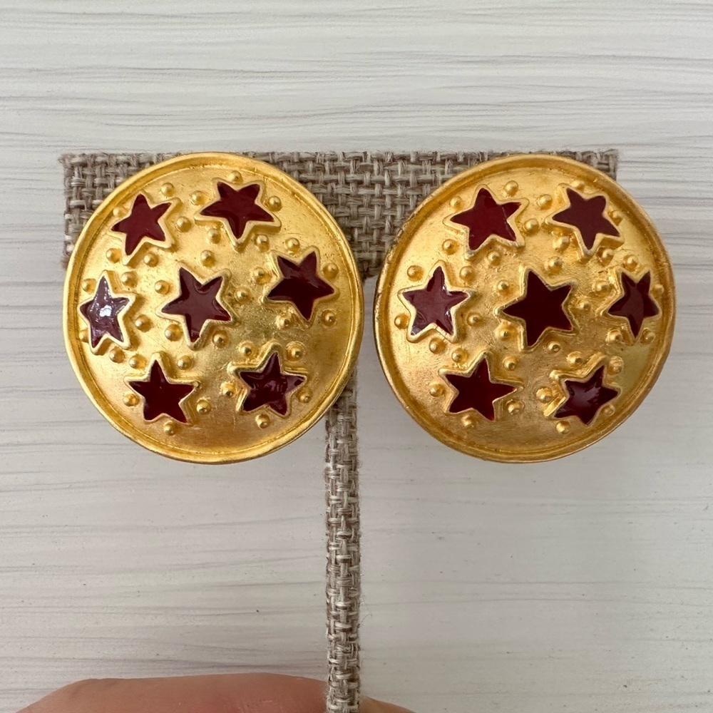 Large Vintage Leslie Block Gold and Red Star Clip on Earrings